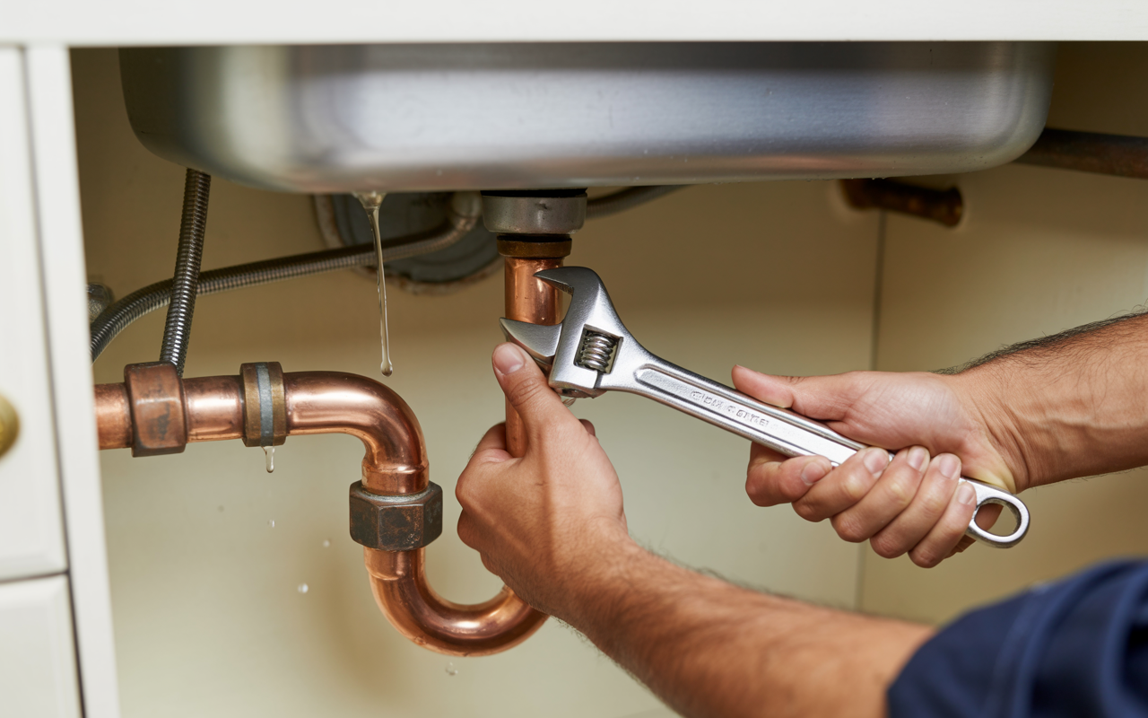 Plumber repairing a leaking copper pipe under a sink